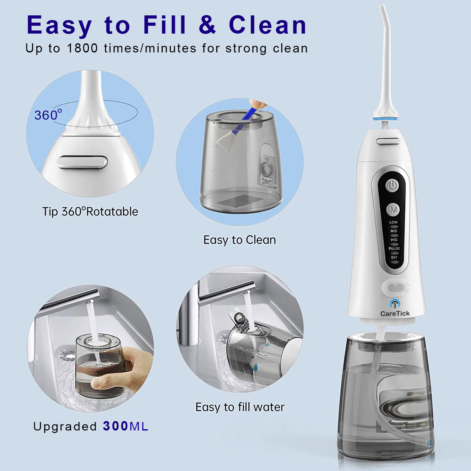 CareTick Water Flosser Cordless Teeth Cleaner along with 5 DIY Modes and Tips, Portable Dental Oral Flossing Irrigator for Braces, IPX7 Waterproof, Modester 300ML Water Tank for Home and Travel (White) - Image 2