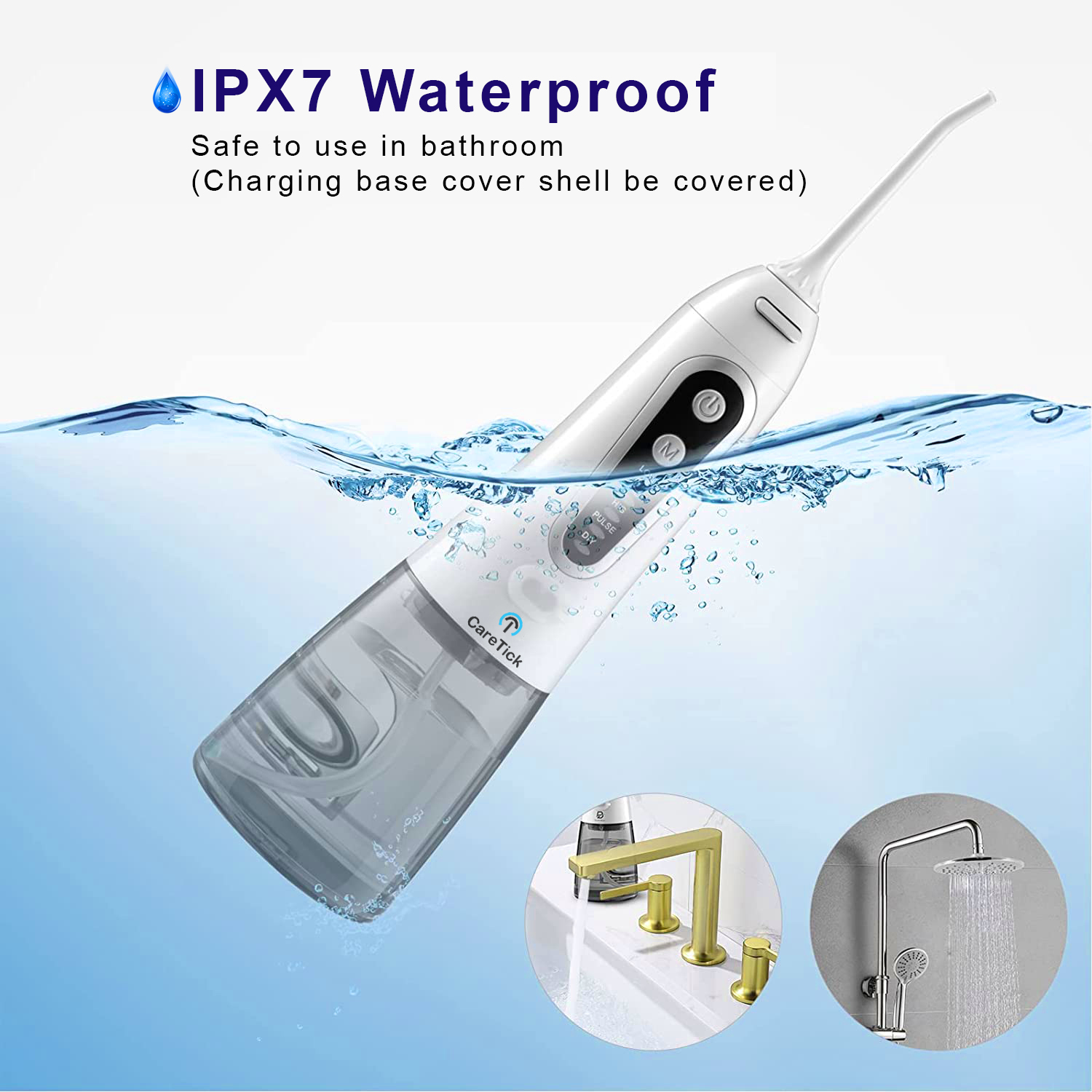 CareTick Water Flosser Cordless Teeth Cleaner along with 5 DIY Modes and Tips, Portable Dental Oral Flossing Irrigator for Braces, IPX7 Waterproof, Modester 300ML Water Tank for Home and Travel (White) - Image 4
